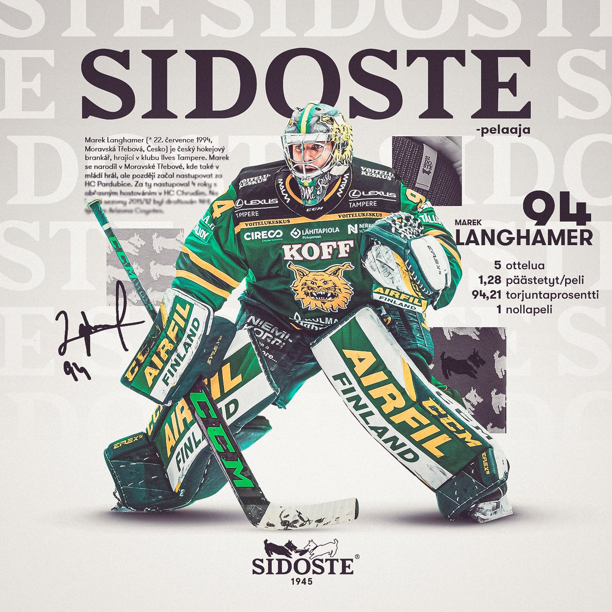 ilveshockey's tweet photo. Tšekkimaalivahti Marek Langhamerin torjuntaprosentti playoffseissa on huima 94,21. Edellisessä ottelussa King Marek torjui ensimmäisen nollapelin Ilves-paidassa! 🔥
🧦 @sidoste | https://t.co/hJCuaANe6A
#Ilves #Liiga #Sidoste https://t.co/DXILbL4WMC
