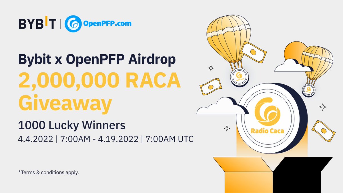 Bybit (@bybit_official) on Twitter photo ❣️ Bybit X OpenPFP Airdrop!
1⃣ Follow <a href="/Bybit_Official/">Bybit</a>, <a href="/OpenPFP/">OpenPFP.com</a> & <a href="/RadioCacaNFT/">Follow @RACA_3</a>
2⃣ RT & Tag 3 friends
🥳 1,000 lucky winners will share a 2,000,000 $RACA Prize Pool!
⏰ Ends on April 19, 7AM UTC!
👉 Fill in the form: go.bybit.com/e/eZBuwspNWob ❣️ Bybit X OpenPFP Airdrop!
1⃣ Follow <a href="/Bybit_Official/">Bybit</a>, <a href="/OpenPFP/">OpenPFP.com</a> & <a href="/RadioCacaNFT/">Follow @RACA_3</a>
2⃣ RT & Tag 3 friends
🥳 1,000 lucky winners will share a 2,000,000 $RACA Prize Pool!
⏰ Ends on April 19, 7AM UTC!
👉 Fill in the form: go.bybit.com/e/eZBuwspNWob