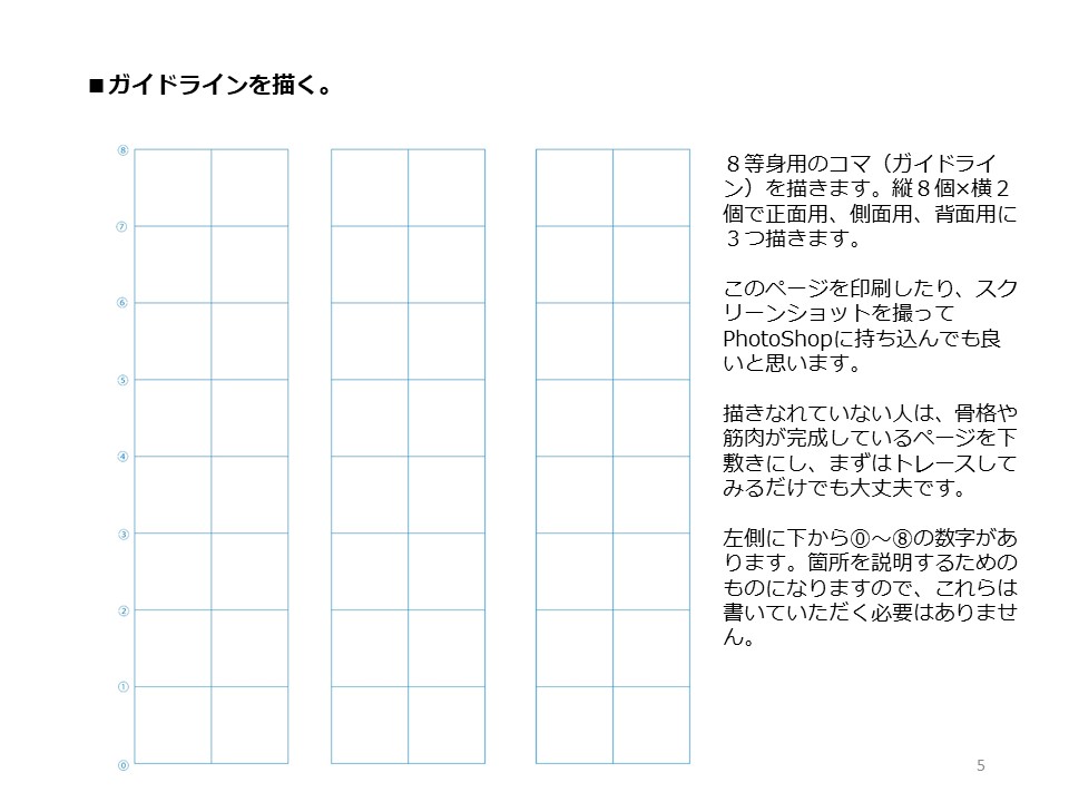 簡単マスター人体三面図(3/13)
八頭身用のコマを描き、補助線を引きながら骨格を描ていきます。1コマが頭の高さになり、頭の幅はその3分の2コマになります。骨盤の幅は3分の4コマ、股下は中央、背骨は頭蓋骨の真下から描いていきます。
PDF版のDLはこちら。
https://t.co/i3cTwr6lBS