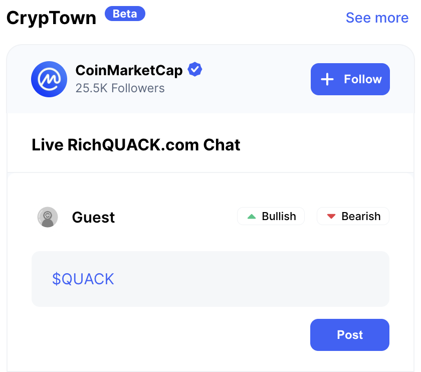 $350 || 48 Hours

$150
➡️ RT &amp; Follow • Notif ON

$200 Bonus
➡️ Comment on CMC CrypTown, MUST tag $QUACK, and click bullish

Link to QUACK CMC coinmarketcap.com/currencies/ric…

Post Proof

#RichQUACK #QUACKarmy #QUACKattack #Giveaway #Crypto #Cryptocurrency #CoinMarketCap #BSC