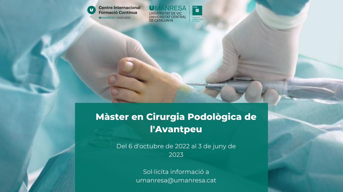 UManresa's tweet photo. Màster en cirurgia podològica de l'avantpeu d' @UManresaFC . Forma't en un entorn professional i referent en simulació clínica

https://t.co/x2elyDsWw3

#podologia #cirurgiapodològica https://t.co/h3988x18ly