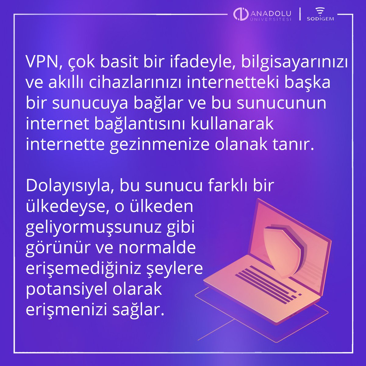 anadolusodigem's tweet photo. VPN nedir? VPN kullanmak güvenli midir?
#sodigem #VPN #digitalsecurity #onlinesafety @Anadolu_Univ https://t.co/iNGgTyuhMn