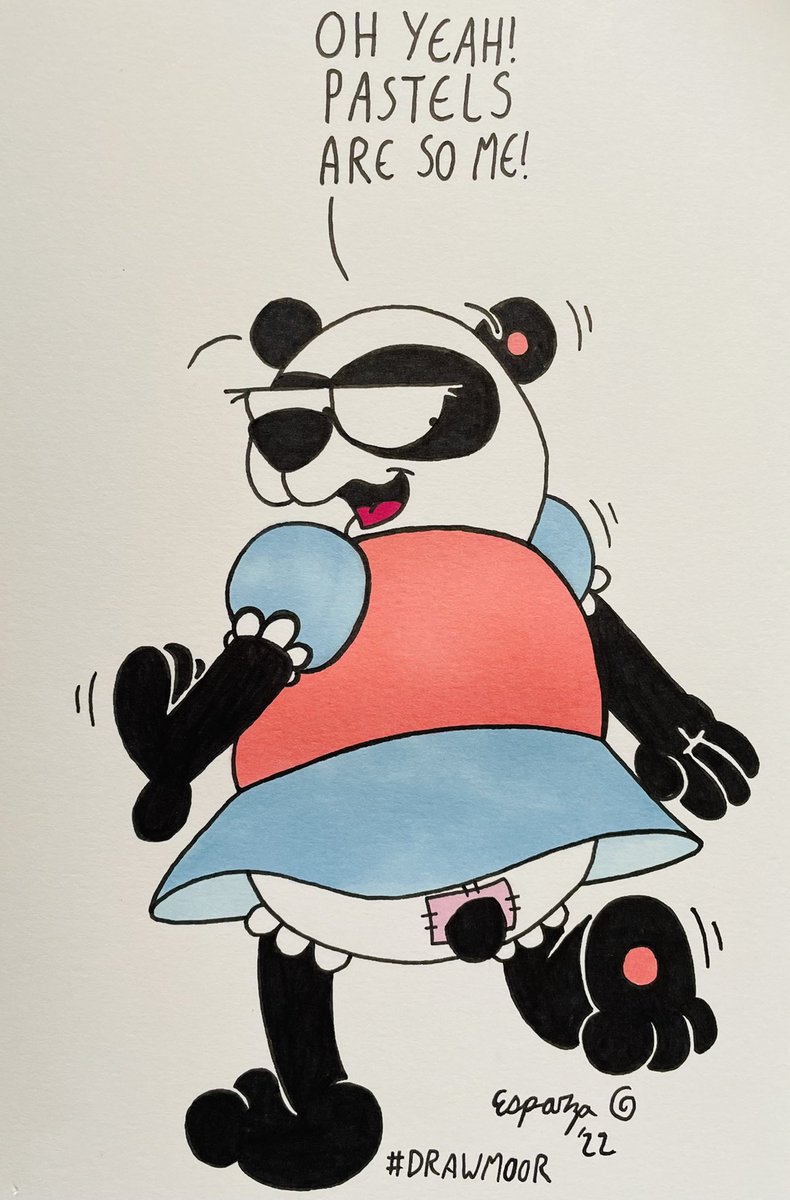 JonsCrazyTweets's tweet photo. It’s time to #DrawMoor with @BeckaMoor! This week’s theme:
“A panda bear playing dress-up.”
Pudgy Patty Panda’s Pretty Precociously Pastel Painted as she tries on the latest spring fashions for ursine-like marsupials! Can’t you just hear Kristen Schaal’s voice in this? :D https://t.co/XVTiGu8tZP