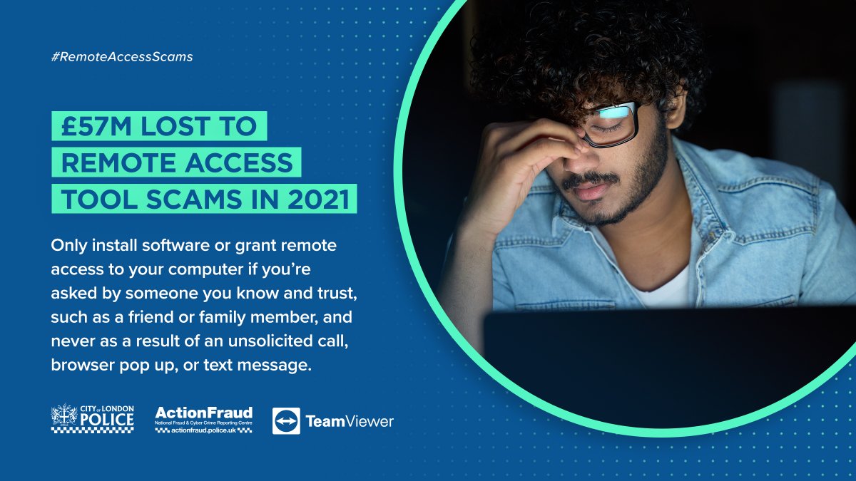 ⚠️ In 2021, over £57M was lost to scams that involved criminals remotely connecting to a victim's computer.

✅Never allow remote access to your computer following an unsolicited call, text message or browser pop-up. It’s probably a scam.

#RemoteAccessScams