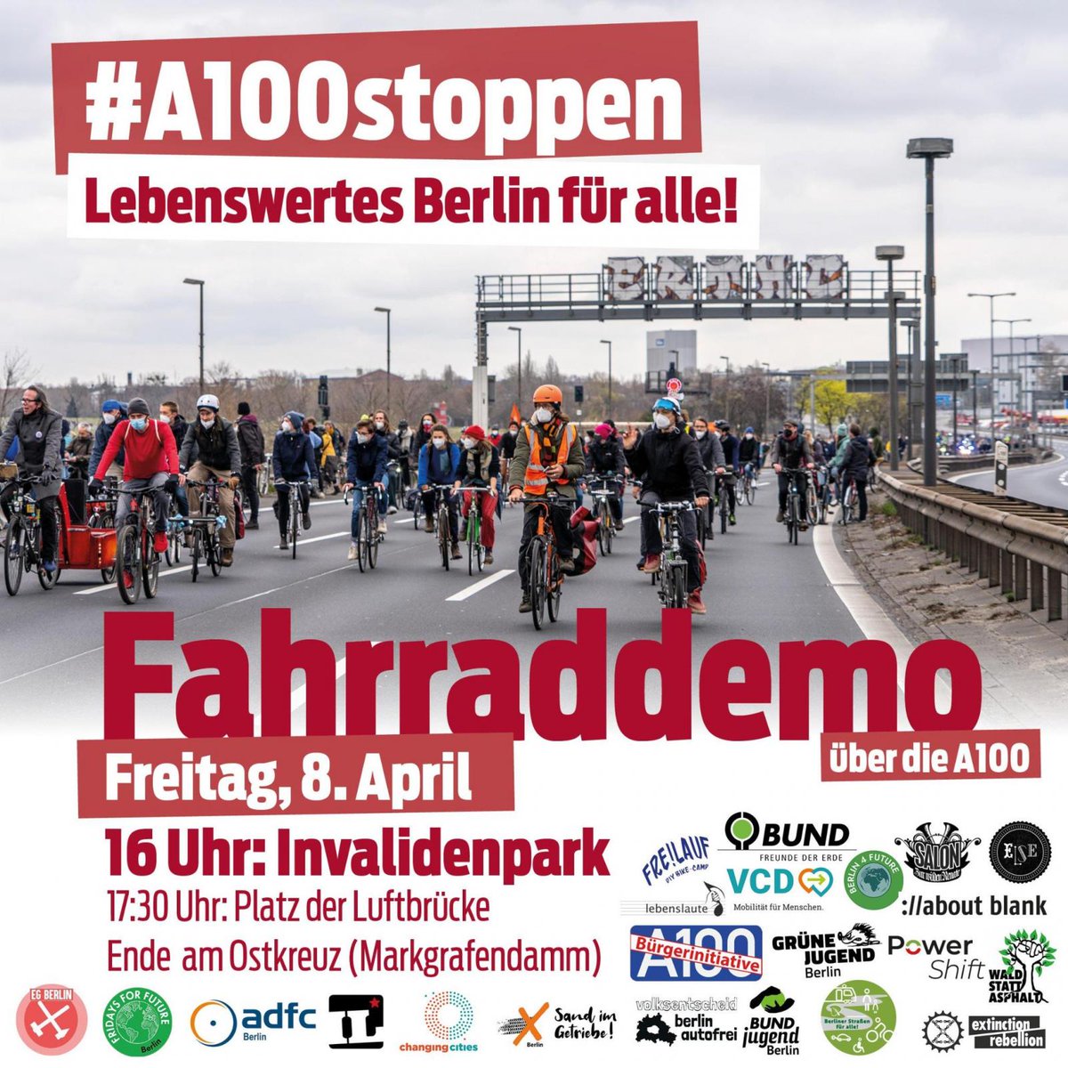 Wir rufen auf Freitag 8.4. zur Fahrrad-Demonstration über die #A100, um #A100stoppen 
Mitten in der #Klimakrise will <a href="/Wissing/">Volker Wissing</a> und <a href="/fdp/">FDP</a>  eine Autobahn mitten durch #Berlin bauen 🤢😱
Wir wollen #Verkehrswende , Wohnraum, Clubkultur, Stadtgrün, Platz für Menschen!