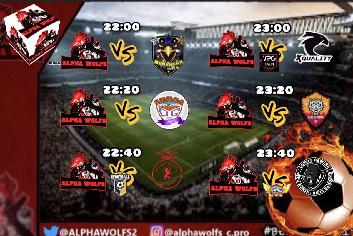 Noche de Lobos, volvemos a las competiciones: @PLGeFootBall  vs @GoldenBoyzeS , <a href="/VPG_Spain/">Virtual Pro Gaming España</a> vs <a href="/xQualityVCP/">▪️⚽ xQuality ⚽▪️</a> , @VLSeSports vs @LomosGaming y amistosos frente a <a href="/KingWolvesStret/">King Wolves Street</a> <a href="/Northenstars1/">Northern Stars</a> y <a href="/DxGuada_eSports/">C.D. Guadalajara eSports</a> 
SUERTE A TODOS
#BeWolfmyFriends