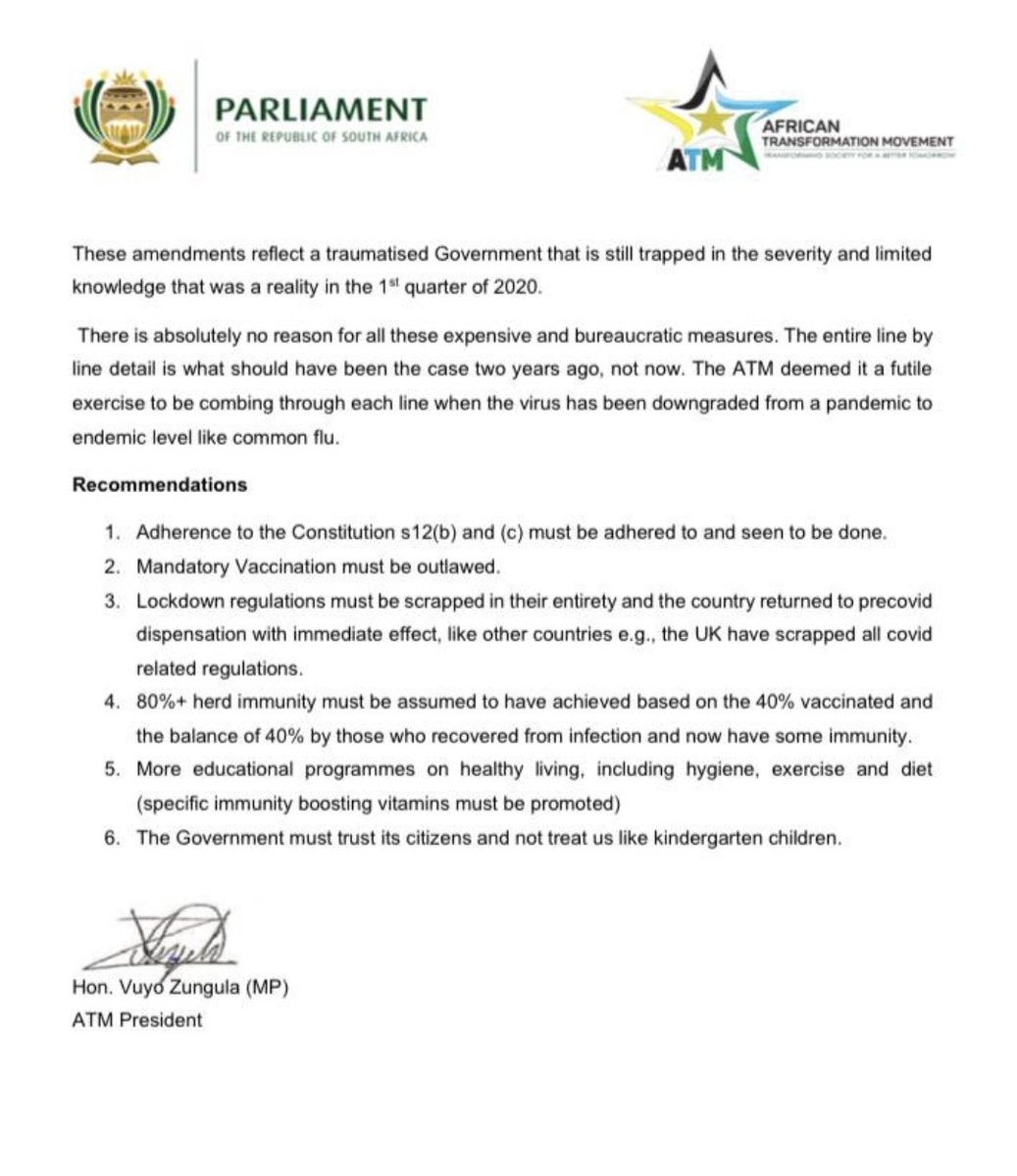 MzwaneleManyi's tweet photo. ATM says
#NoToHealthAmendmentsRegs
#NoToMandatoryVaccines
#NoToLockdown
We make very clear and progressive recommendations as follows: https://t.co/hKHytfx1IS