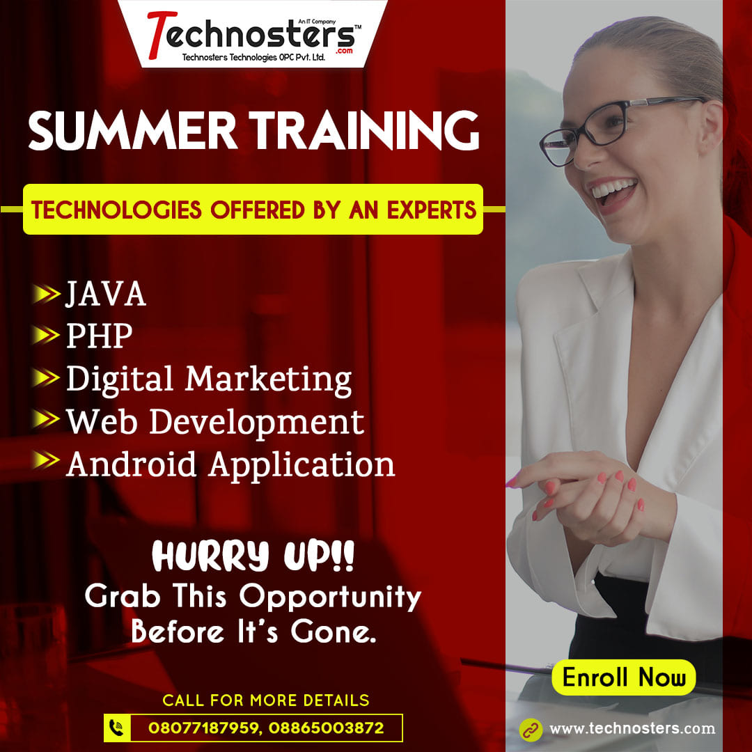technosters's tweet photo. Walk-In with your dream
Walkout with your Career!!

Join our Summer training Program 2022

📷Book your Slot now
Or call us for more information📷: +91-8077187959

#technosters #technosterstechnologies #summertraining #digitalmarketing #php #java #summertaining2k22 https://t.co/mzLNTkNaSi