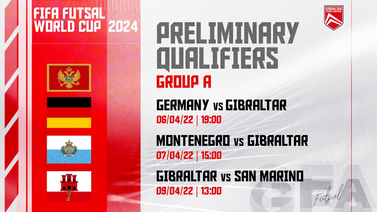 Your 🇬🇮 Futsal National Team is on their way to Hamburg where they will be competing against Germany 🇩🇪, Montenegro 🇲🇪 and San Marino 🇸🇲 this week in the FIFA Futsal World Cup 2024 Preliminary Qualifiers‼️ Check out their fixtures below👇