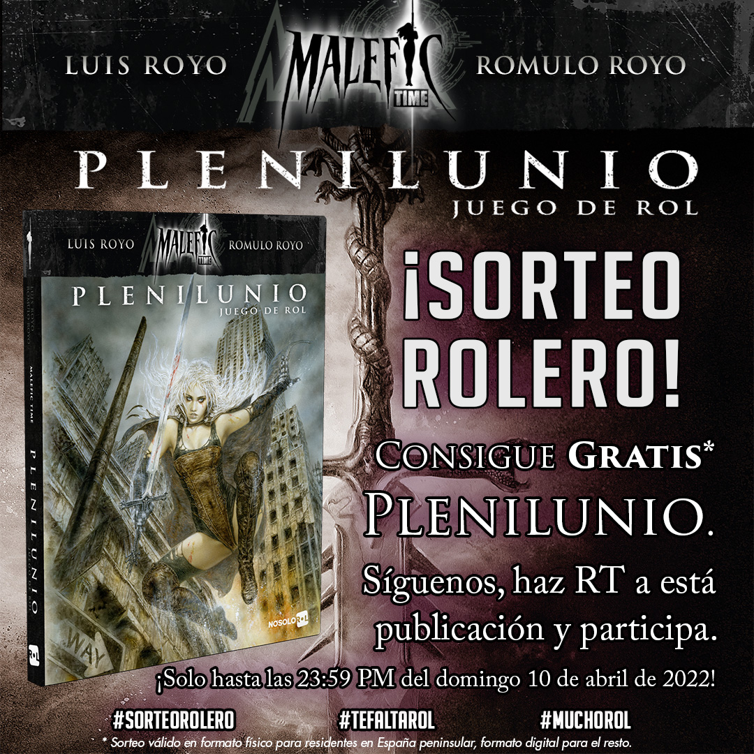 El mundo ha caído.
¡Nuevo #SorteoRolero! 🎲 ¿Quieres conseguir gratis* un ejemplar del #JuegoDeRol del universo #MaleficTime: #Plenilunio?

👉 Síguenos, haz RT a ESTA publicación y participa

⏰ ¡Solo hasta las 23:59h (UTC+2) del 10/04/2022! 

#Muchorol #Rol #LuisRoyo #RomuloRoyo