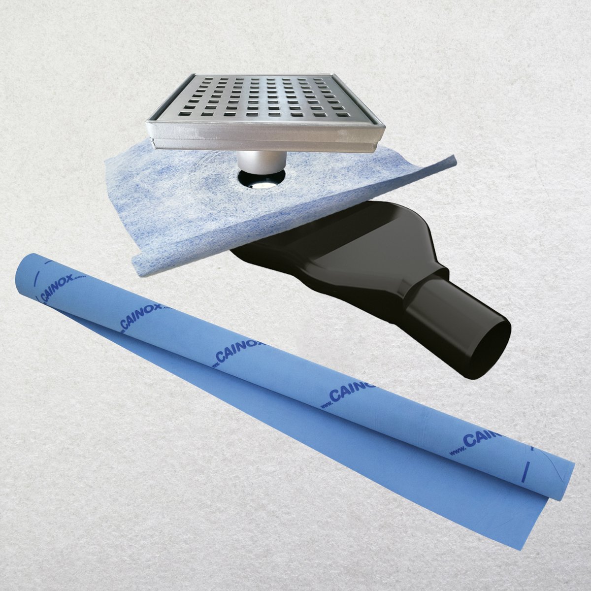 Nuevo Kit Premium 086 #cainox para plato de ducha de obra 🚿. Incluye #sumidero de 15x15 cm, #sifón extraplano con tela termosoldada y lámina #impermeabilizante SKY de 2x1,5 m. Modelos de #reja disponibles: 1️⃣perforada, 2️⃣rellenable y 3️⃣lisa.