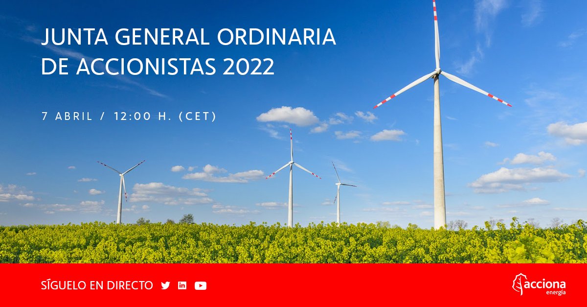 ACCIONAEnergia's tweet photo. Nuestra #ACCIONAEnergíaJGA22, en DIRECTO 📺 en nuestras redes sociales 🔽 

Twitter 👉 https://t.co/cWybVrWWAU
LinkedIn👉 https://t.co/9mWCclJJUg
Youtube 👉 https://t.co/yCccieQDMP

📅 Jueves 7 abril, 12h (CET) https://t.co/1Y49zEPQkv