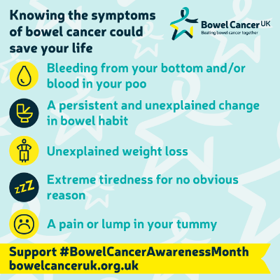 ActionHants's tweet photo. April is Bowel Cancer Awareness Month. If you're worried about a symptom, speak with your GP.
#EarlyDiagnosisSavesLives
#CommunitiesAgainstCancer https://t.co/tzt7p8isXr