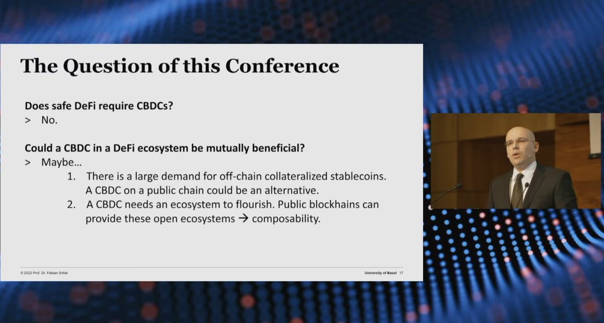That was a fun start, <a href="/chainomics/">Fabian Schär</a> ! Answering the <a href="/BIS_org/">Bank for International Settlements</a>  conference's question ("Does safe #DeFi require #CBDC s ?") right at the beginning...
