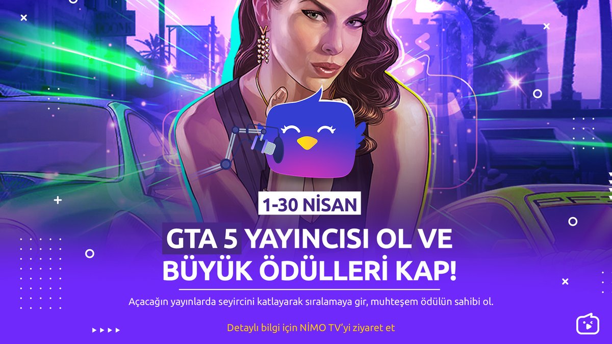 GTA V yayınların NİMO TV'de çok değerli💜 
Yapacağın yayınlarla beraber büyük ödüller kazanmak senin elinde!🔥 

Yayın aç, kitleni büyüt, sıralamaya gir ve muhteşem ödülleri kap!💎 💰
📺 Haydi yayına!📺

📌Detaylı bilgi için Discord:
discord.gg/nimotvturkey

#NİMOTV #GTAV #GTA5
