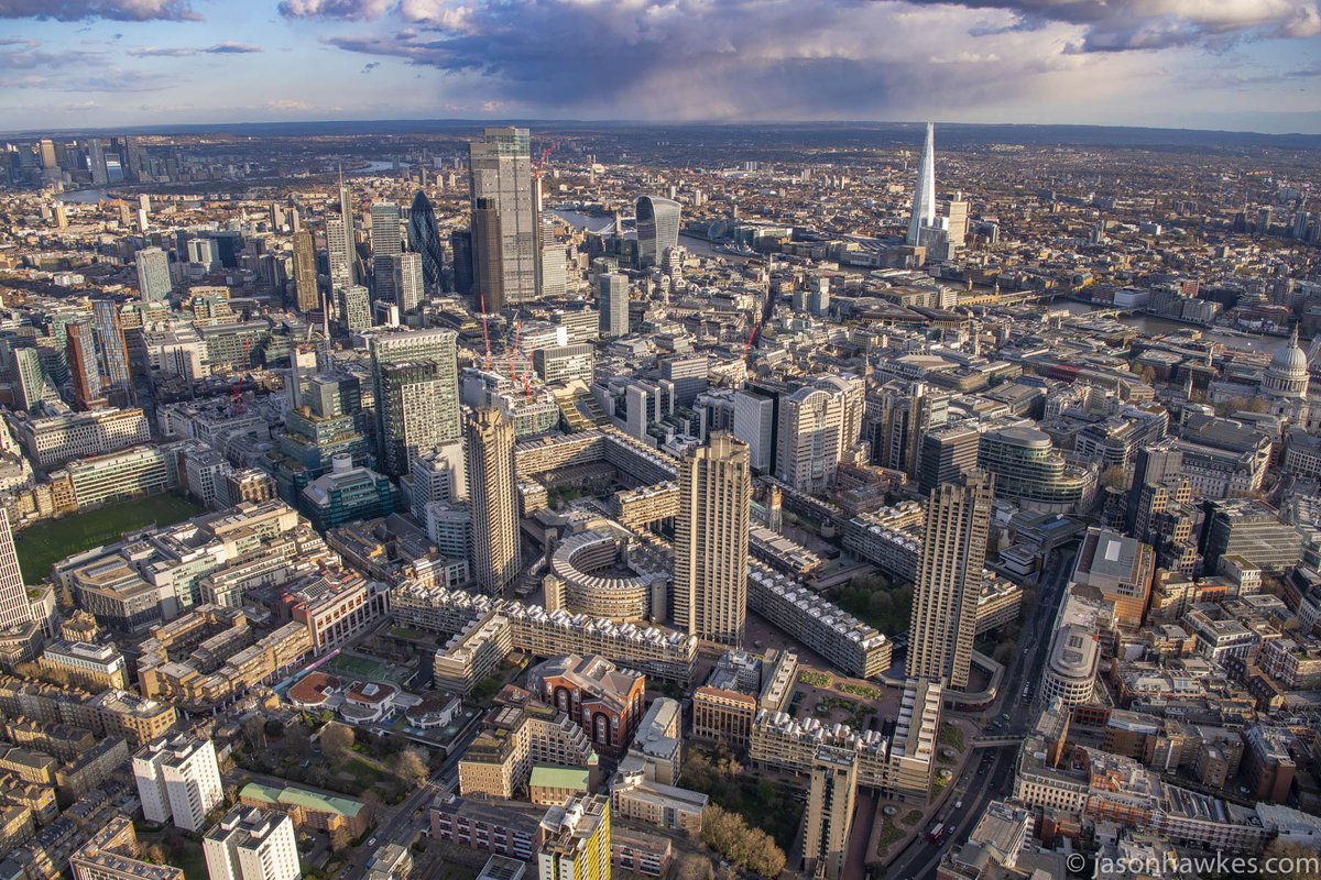 1005ft over <a href="/BarbicanCentre/">Barbican Centre</a>, City of #London. #Brutalist .
AS355 Helicopter. #AerialViews 
stock.jasonhawkes.com