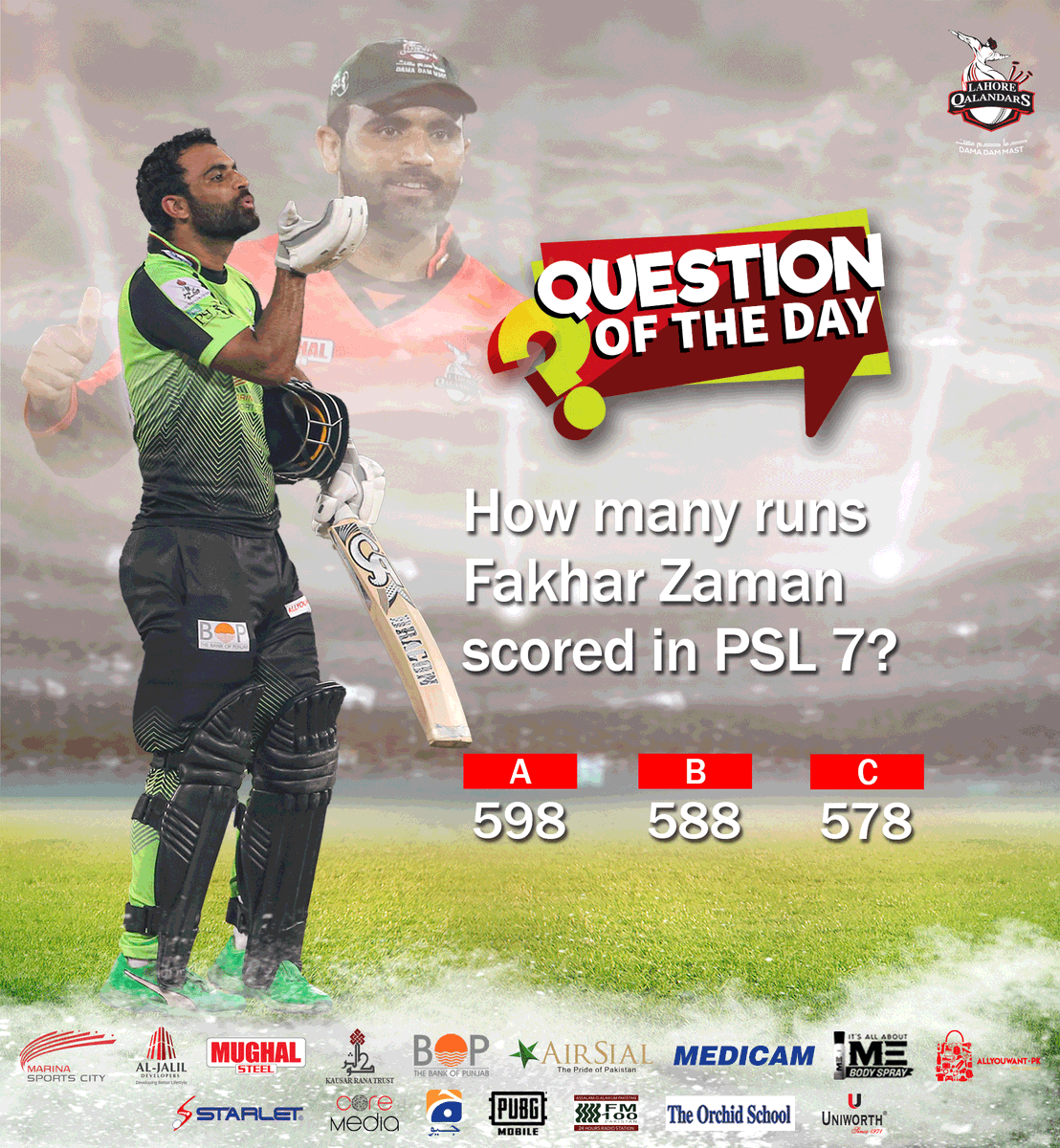 lahoreqalandars's tweet photo. Question of the Day! 👀
Answer this simple question and get a chance to win LQ merchandise! 🎁
RULES: 🥁 Post your answer with #MainHoonQalandar in the comments 🥁
Tag 3 friends 👥 Share this post.

#DamaDamMast #MainHoonQalandar #DilSe #Questionoftheday https://t.co/dVJO2HrAHf