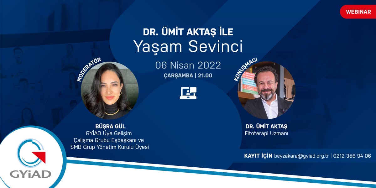 Genç Yönetici ve İş İnsanları Derneği bünyesinde yapılacak webinar etkinliğinde “Dr. Ümit Aktaş ile Yaşam Sevinci” konu başlığıyla buluşuyoruz. 6 Nisan Çarşamba akşamı saat 21.00’de gerçekleşecek webinara aşağıdaki linkten kayıt yapabilirsiniz! us02web.zoom.us/webinar/regist…