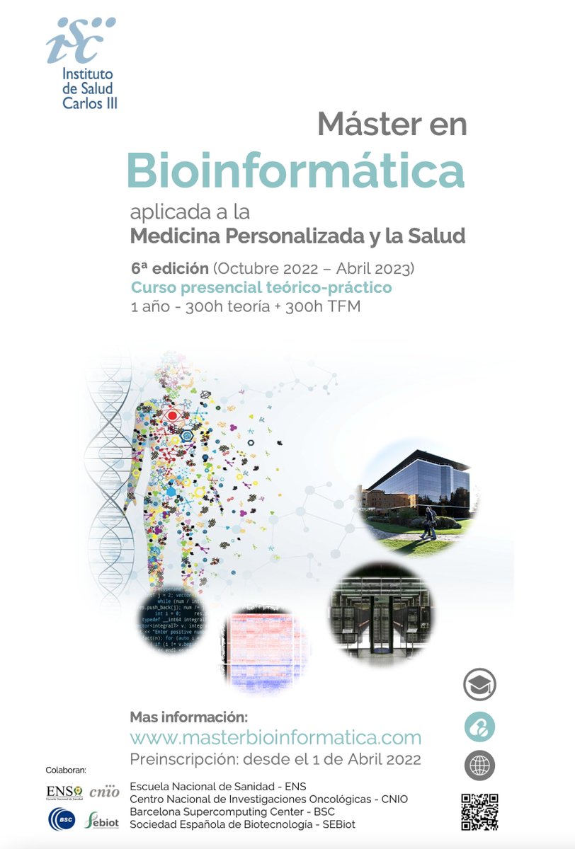 Ya está abierto el plazo de preinscripción para la "6ª Edición del Máster de Bioinformática aplicada a la Medicina Personalizada y la Salud". Organizan <a href="/SaludISCIII/">Instituto de Salud Carlos III (ISCIII)</a> <a href="/CNIOStopCancer/">CNIO Stop Cancer</a> <a href="/BSC_CNS/">BSC-CNS</a> <a href="/SEBiot_/">SEBiot</a> 
Puedes preinscribirte en masterbioinformatica.com
🧬💻👩🏼‍💻👨🏼‍💻📚🎓👌🏼