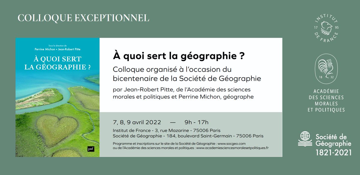 Colloque grand public : à quoi sert la géographie ?
→ geoconfluences.ens-lyon.fr/actualites/vei…
7, 8 et 9 avril 2022, à Paris et en ligne, organisé par <a href="/soc_geo/">Société de Géographie 🌐🇫🇷🌐</a>