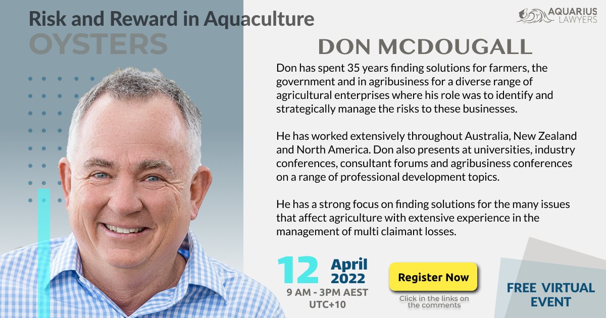 Introducing one of our speakers for the upcoming event, Risk and Reward #Aquaculture - #Oysters:Don McDougall: Agricultural Expert at PeritusAg

To watch the Live event register here: cvent.me/Z1XXam?RefId=h… 
#oysterfarmer #oystergrower #sustainableseafood