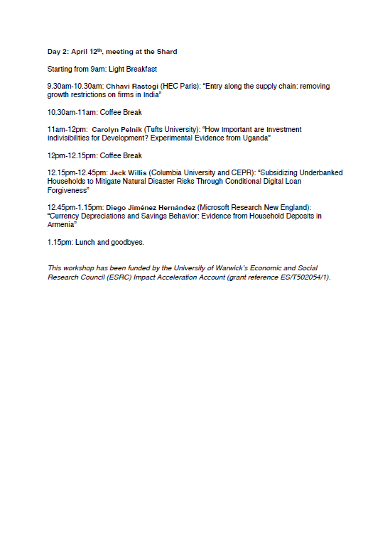 <a href="/giorgiabarboni/">Giorgia Barboni</a>, @SeanKHiggins &amp; myself are delighted to announce ⏬the schedule of the 1st <a href="/cepr_org/">CEPR</a> #WEFIDEV in-person workshop on #Finance &amp; #Development, April 11-12, at the <a href="/shard/">Sharanya D</a> in London. Keynote: #ChrisWoodruff (<a href="/UniofOxford/">University of Oxford</a>, <a href="/cepr_org/">CEPR</a>) + many great papers! We start with