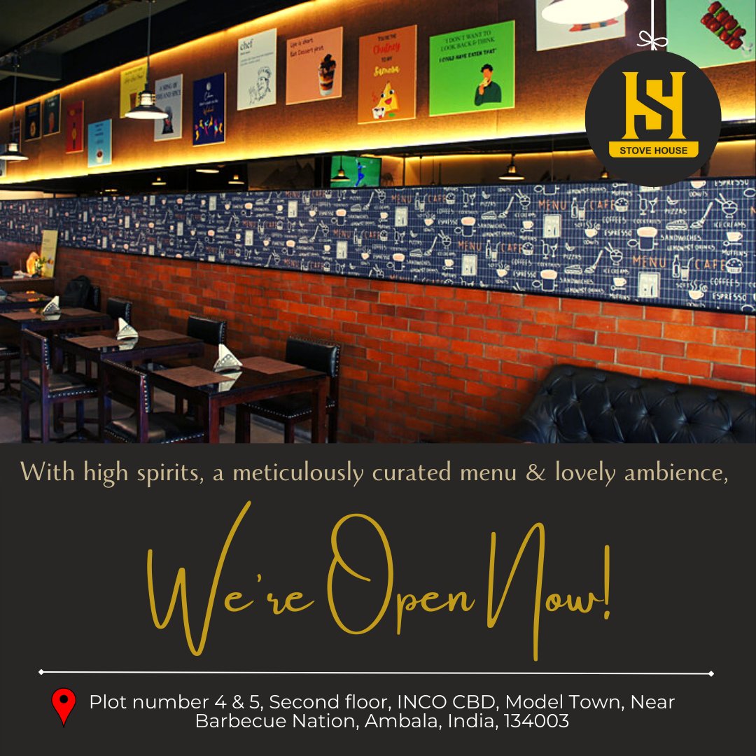 Stovehouse_in's tweet photo. We at @Stovehouse_in are pleased to announce that we are back to serve you in a newer &amp; bigger location, with better ambiance and more savory food. 👨‍🍳

Come and visit us!

📍 Plot no. 4 &amp; 5, 2nd floor, INCO CBD, Model Town, Near Barbeque Nation, Ambala, India.
#restaurant #ambala https://t.co/9j3Egkuuit