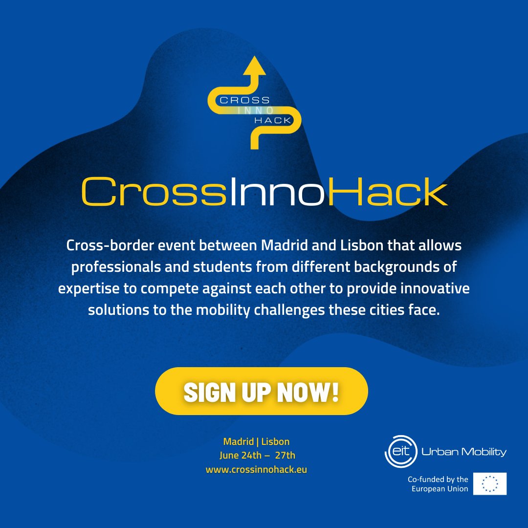 CInnohack's tweet photo. Call in Open! Sing up to turn your #urbanmobility ideas to MVPs at the in person event in Madrid and Lisbon

Co-funded by @EITUrbanMob 
#CrossInnoHack

More details here https://t.co/b9tmB6RixV https://t.co/YQUSyEO2wd