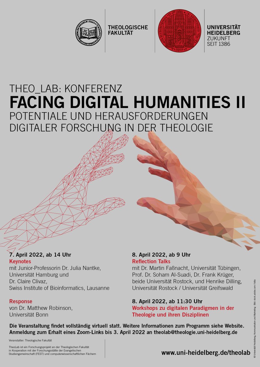 Wir freuen uns, dass diese Woche am 7. und 8.4 die 2. TheoLab: Konferenz stattfinden wird. U.a. mit <a href="/JuliaNantke/">Julia Nantke</a> @cclivaz <a href="/AlSuadiSoham/">Soham Al-Suadi</a> und @_frank_k_ 
Anmeldungen sind auch kurzfristig noch möglich.