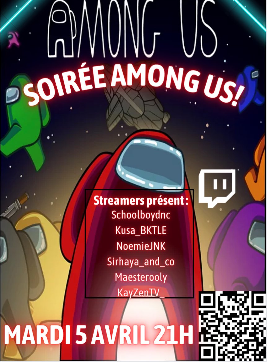schoolboydnc's tweet photo. 👾 Soirée AMONG-US mardi 21h00 🛸
Accompagné de @kusa_bktle / Sirhaya / @MaesterOoly / @NoemieJNK et @KayZen_Officiel 🙌
Télécharges le jeu et joue avec nous
↘️https://t.co/7X6TQwL3en
#amongus #gameviewer #giveaway #twitch #twitchfr #streamcolab #Streamersfr #twitchstreamers https://t.co/krtcwSrEna