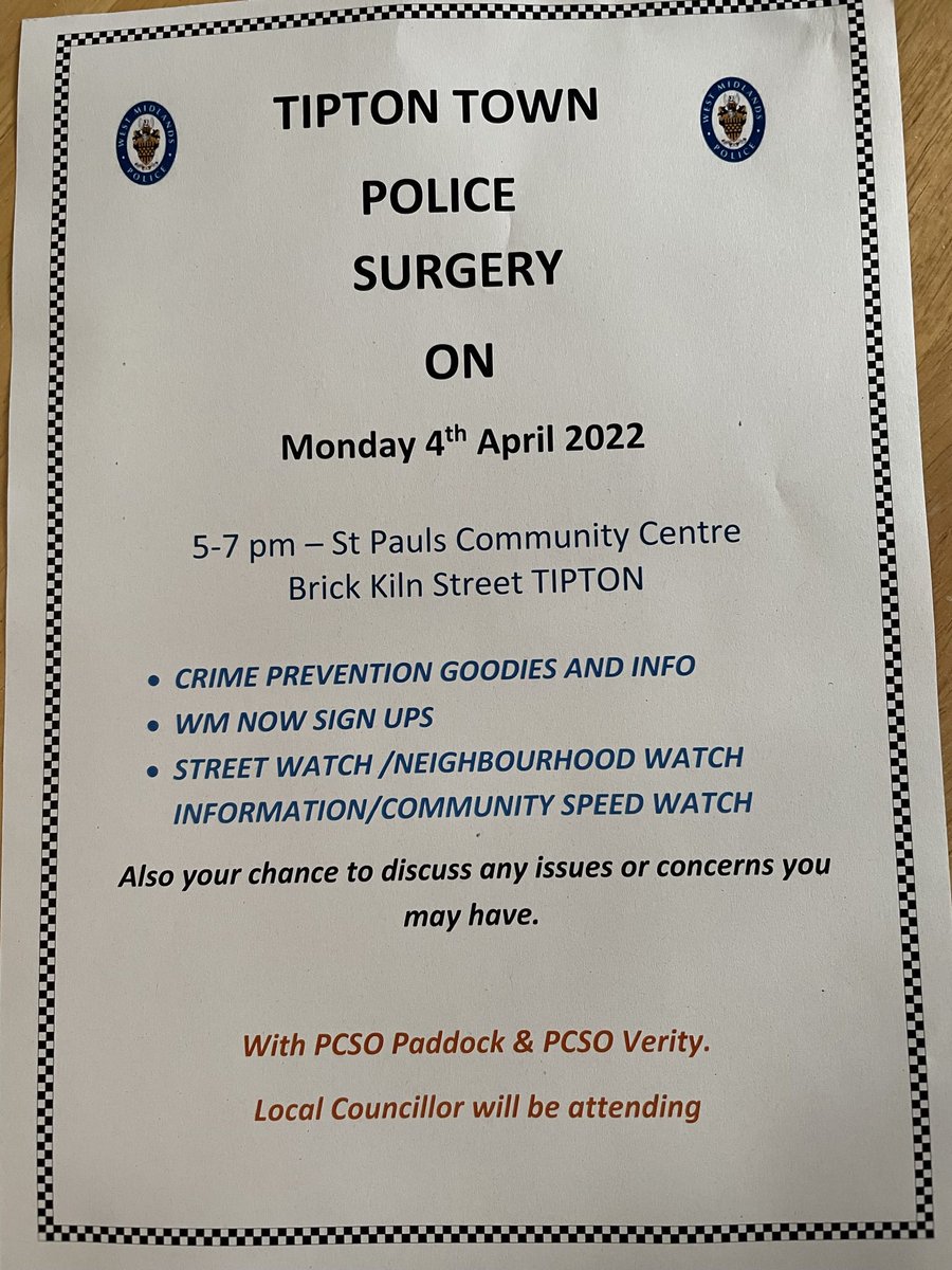 TiptonWMP's tweet photo. Tipton Town Pcsos are holding a police surgery this evening, pop in if you have any issues or concerns #workingwithcommunity https://t.co/86jYsi4GgZ