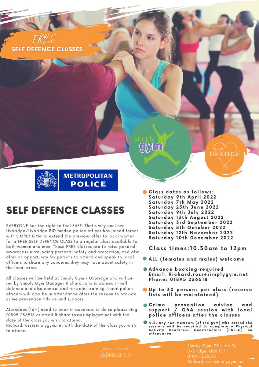 MPSUxbridgeTC's tweet photo. Regular free self defence classes starting this Saturday 9th April, @MPSUxbridgeTC in attendance afterwards for crime prevention advice and support.

#confidence, #safety, #community.

@HillingdonResi1, @Hillingdon @LoveUxbridge. https://t.co/XHvV34Yv9P