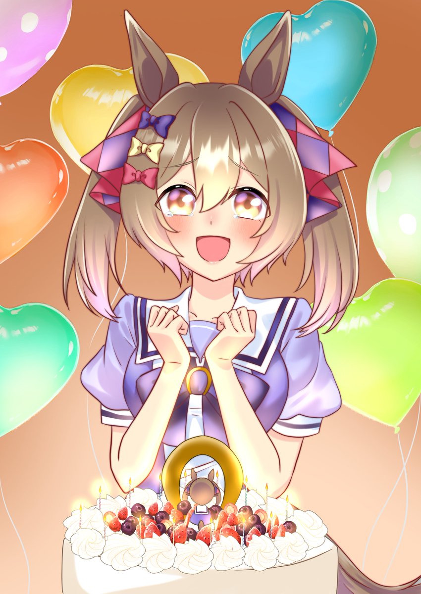 smart falcon (umamusume) 1girl horse ears balloon animal ears horse girl tracen school uniform cake  illustration images