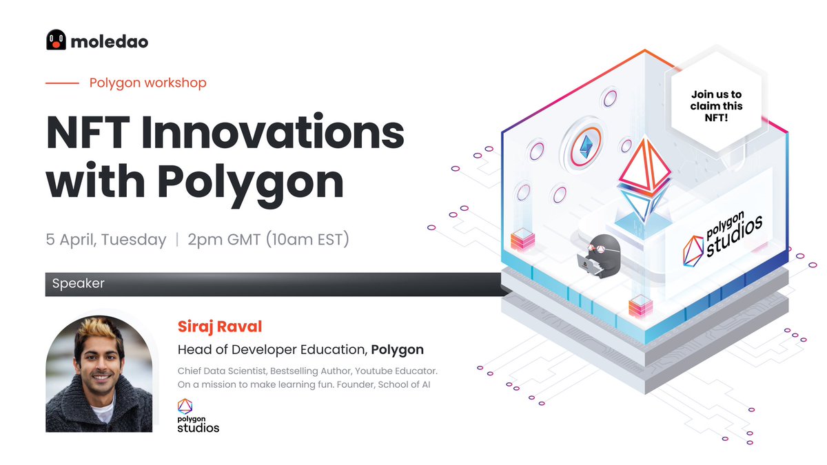 Hi Moles, 

Our dev workshop with <a href="/sirajraval/">Siraj Raval</a> <a href="/0xPolygon/">Polygon</a> has been rescheduled to tomorrow, 5 April at 2PM (GMT).

It's not too late to fill up the google form and claim the #NFT POAP!

🚀Join Here: bit.ly/35FgZUg

#molehacknft2