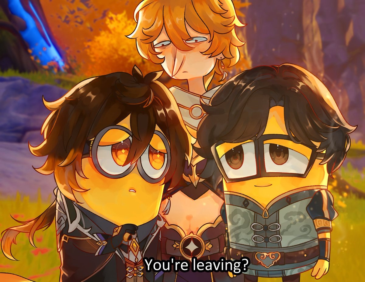 _yuemiru's tweet photo. Behold, my Magnum Opus, my piece for @MinionImpact zine! aether thirdwheeling rezhong minions <3 #GenshinImpact #原神 https://t.co/0nPi8Rzk2y