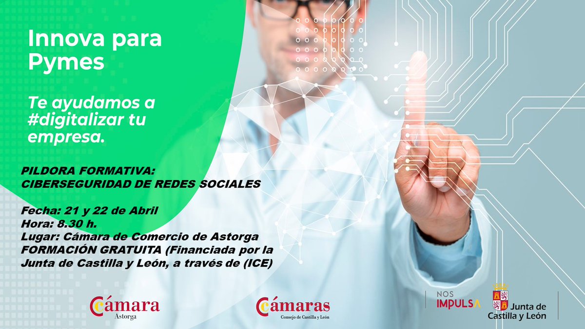 camaraastorga's tweet photo. Te ayudamos a #digitalizar tu empresa. Si eres una #pyme no lo dudes y apúntate a la píldora formativa que se adapte a tus necesidades. Tenemos 150 preparadas. Contacta con la Cámara de tu demarcación. Servicio gratuito financiado por @empresasjcyl en colaboración con @camarascyl https://t.co/TBc4ZLPXpL