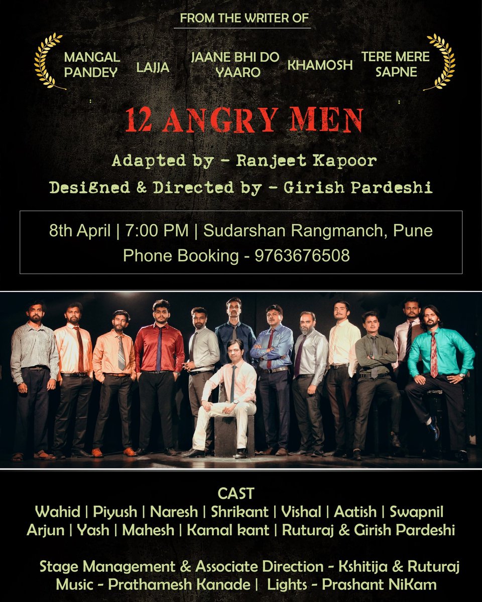 ActorKKC's tweet photo. What Happened to that Night? 

Come and watch a great suspense thriller show in #Pune. 8th April 7PM.

#12arngrymen #theatre #punetheatre #PuneTimes #punemirror #ranjeetkapoor #mangalpandey #Happeninginpune #murder #suspense #actorslife #actorsinpune https://t.co/FLuPbaaD5Z