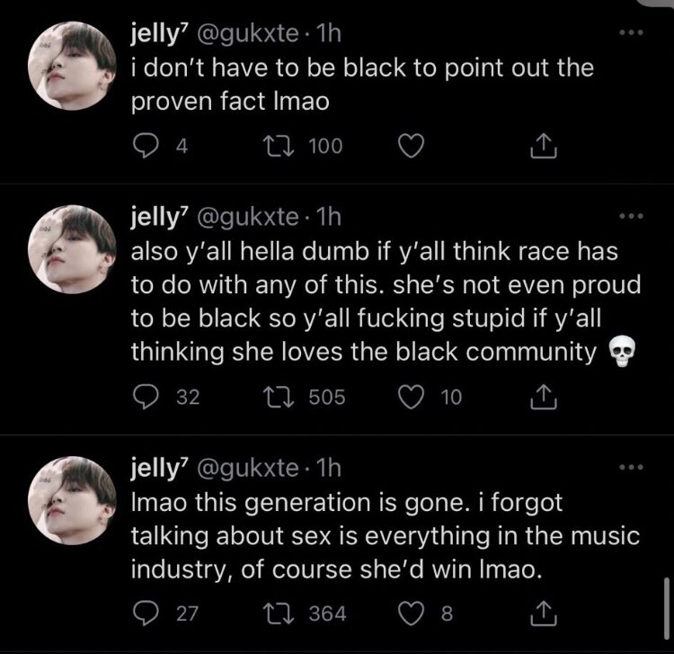 httpskozume's tweet image. all this over a grammy and your faves aren’t even this mad. stan twitter is unreal because this bitch has “dni if racist” in the carrd😭