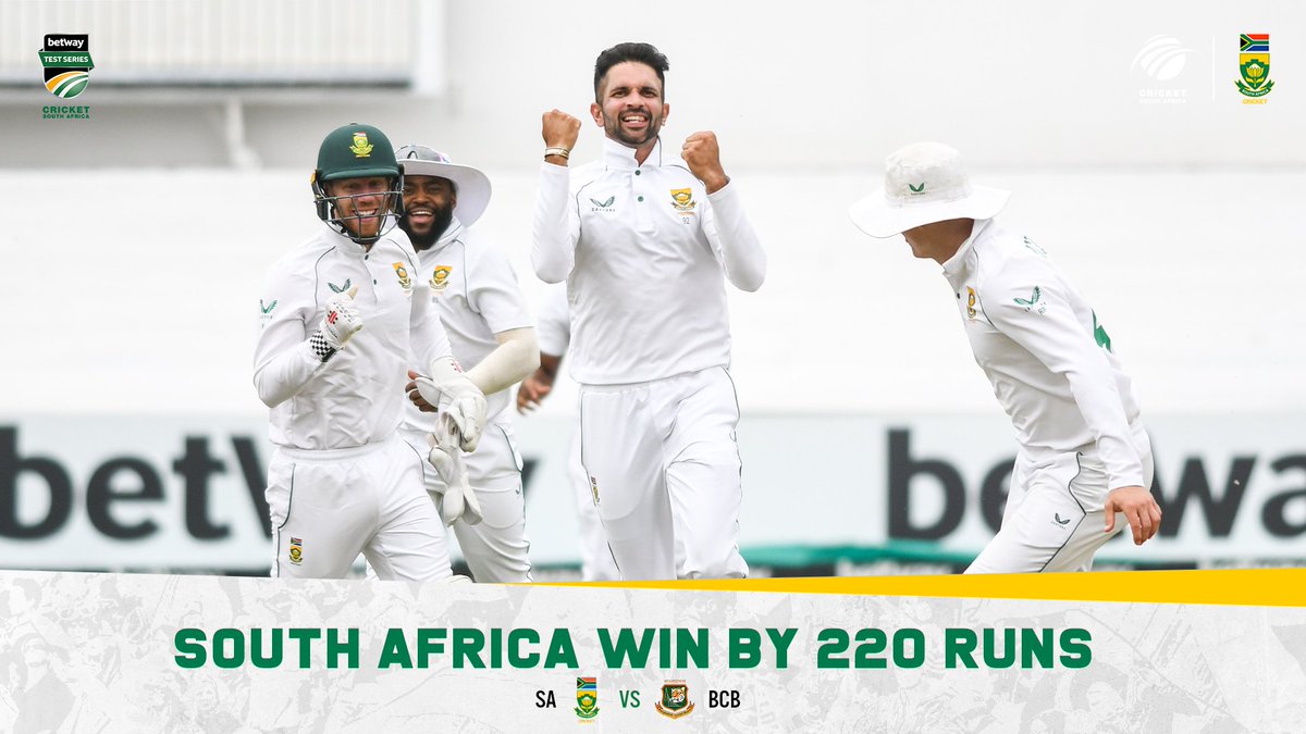 ProteasMenCSA's tweet photo. 🚨 RESULT | #PROTEAS WIN BY 2️⃣ 2️⃣ 0️⃣ RUNS

A spin bowling inspired innings ensures victory for the 🇿🇦 #Proteas in the first #BetwayTest👏 

Keshav Maharaj 7️⃣ /3️⃣ 2️⃣ 
Simon Harmer 3️⃣ /2️⃣ 1️⃣ 

#SAvBAN #BetwayTestSeries #BePartOfIt | @Betway_za https://t.co/UUuqrQ1gTS