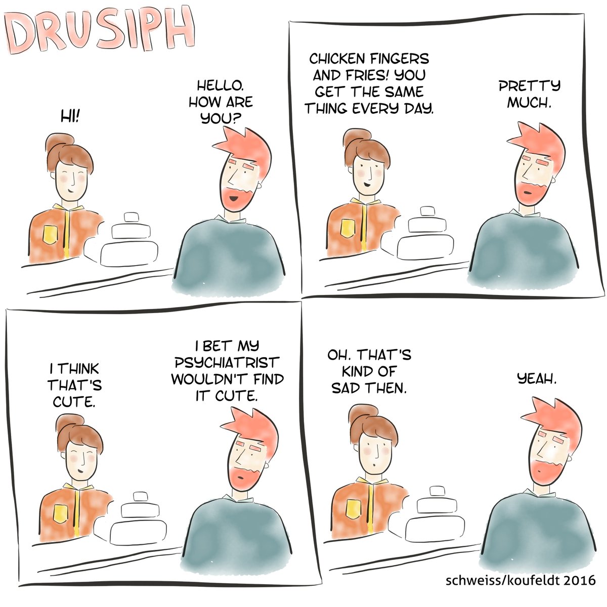 drusiph's tweet photo. #drusiph #comic #comicstrip #comicbook #comedy #cartoon #webtoon #webcomic #webseries #writing #satire #sarcasm #joke #laughter #humour #comedian #standcupcomedy #conversation #dialogue #food #lunch #chicken #chickenstrips #ocd #fries #foodie #psychosis #psychiatry #sad https://t.co/cTsFKc8grt