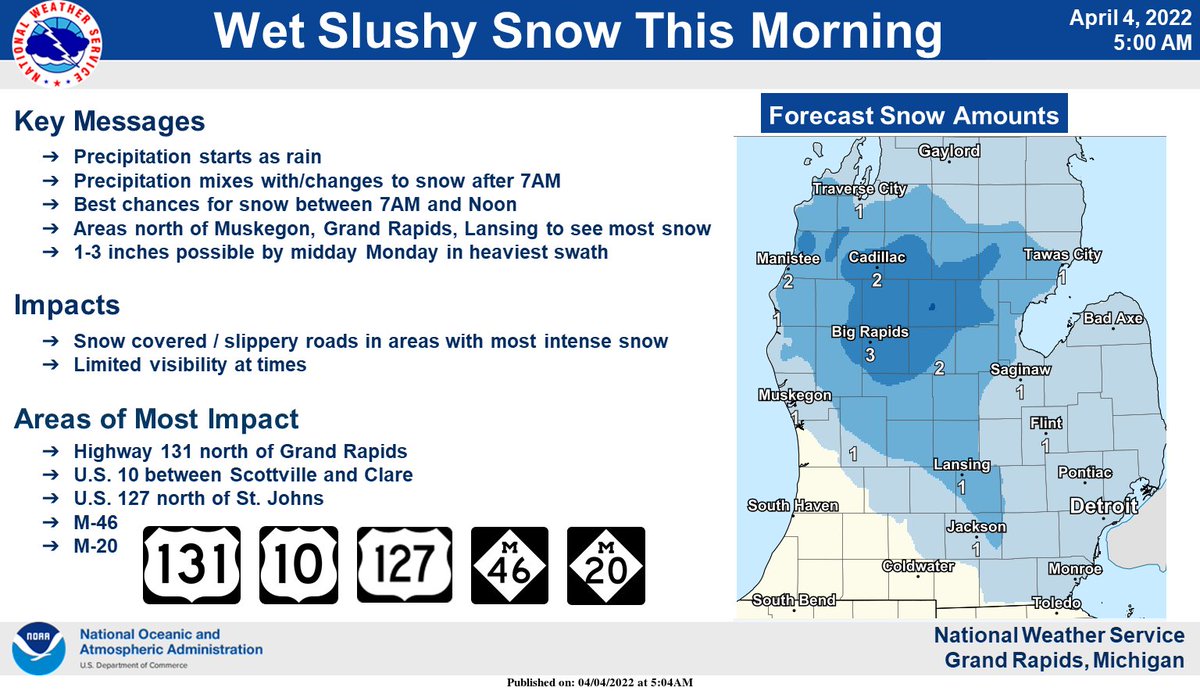 NWSGrandRapids's tweet photo. Rain should change to snow for a few hours north of Grand Rapids.  With air temperatures mostly staying above freezing we are not expecting to may road impacts, expect for reduced visibility in the areas of heavier snowfall.  #wmiwx #miwx https://t.co/fh90YCrSVX