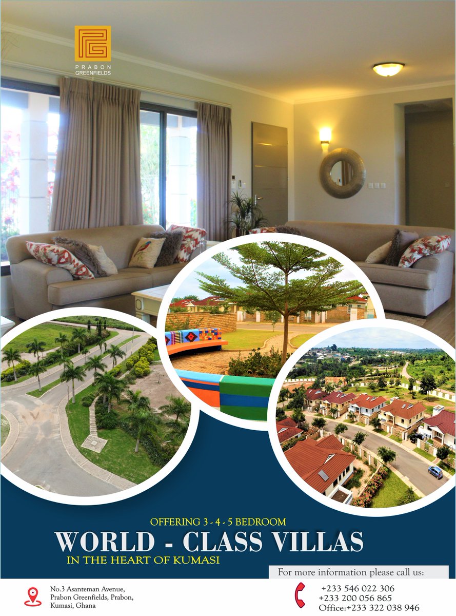 Now Selling 3-4-5 Bedroom Villas in the Heart of Kumasi. Please call us now for more information. 
+233 546 022 306 (WhatsApp)
+233 200 056 865
Office:  +233   322 038 946
info@prabon-greenfields.com 
prabon-greenfields.com
youtube.com/channel/UC6ovl…