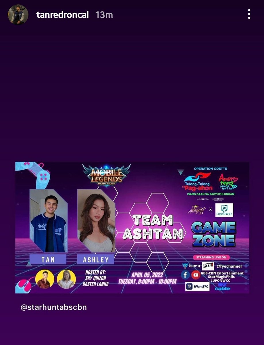 Tan Roncal latest IG Story!! ✨🖤

#TulongKapamilya 
#AnditoTayoParaSaIsatIsa 
#StarMagicGameZone

@tanredroncal #TanRoncal