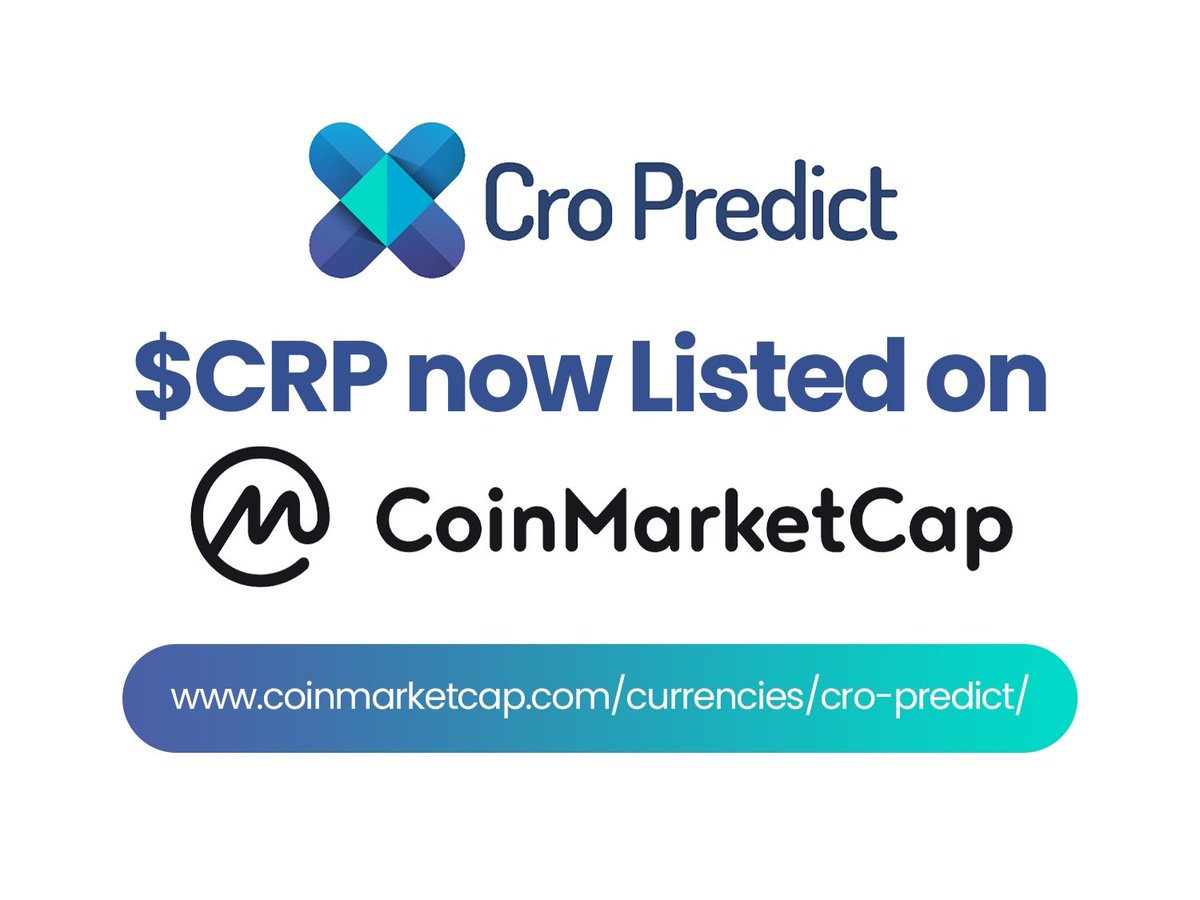 $CRP now officially listed on CoinMarketCap 🔥

Please add to watchlist and vote bullish in the comments on the page 🙂

Round 10 Predictions starts TODAY 13:00 - 14:00 UTC on the Prediction page. You have to predict today to keep earning from Friday.
#CRO #Crofam #Cronos