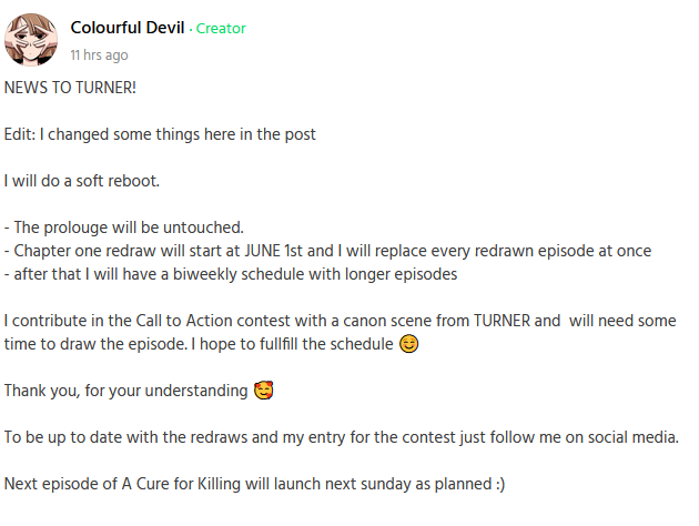 DevilColourful's tweet photo. Some TURNER news!

I will end my hiatus on 1st June 2022 since I participate in the Call to Action Contest on Webtoon :D

#hiatus #webtooon #webtooncanvas #calltoaction #webtoonTURNER #TURNER #redraw https://t.co/kvFMqjChys