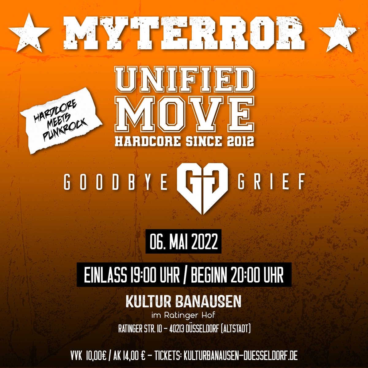 Am 06.05.2022 geben wir nun auch unser Live-Debüt - und das ausgerechnet im Ratinger Hof, der traditionsreichen Wiege des Düsseldorfer Punk 🥲 - zusammen mit MyTerror &amp; Unified Move (CH).
Wir freuen uns 🥲! 

Tickets: eventbrite.de/e/my-terror-go…

#goodbyegrief #punkrock #düsseldorf