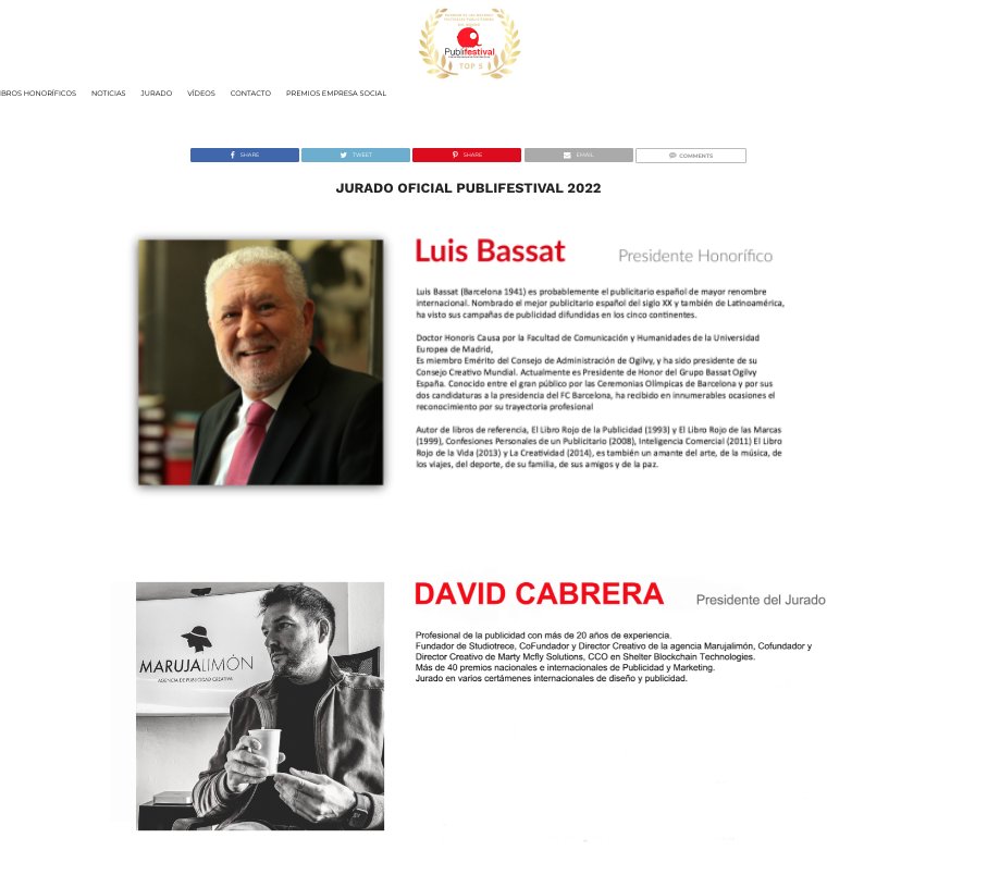 Nuestro Director Creativo, David Cabrera, ha sido nombrado presidente del Jurado de PubliFestival 2022, junto al gran Luis Bassat, nombrado el mejor publicista del siglo XX en España y Latinoamerica.¡Todo un honor! 

#AgenciaMarujalimon #Marujalimon #agenciapublicidad #publicidad