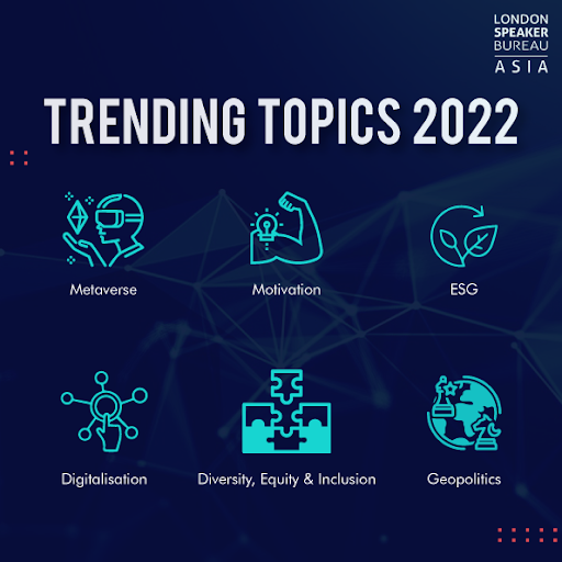 Some of the most requested topics in 2022.

To find speakers for your next event, visit our website: londonspeakerbureauasia.com  

#lsbasia #speakerbureau #asiaspeakeragency  #speaker #metaverse  #motivation #ESG #digitalisation #diversity #equity #inclusion #geopolitics