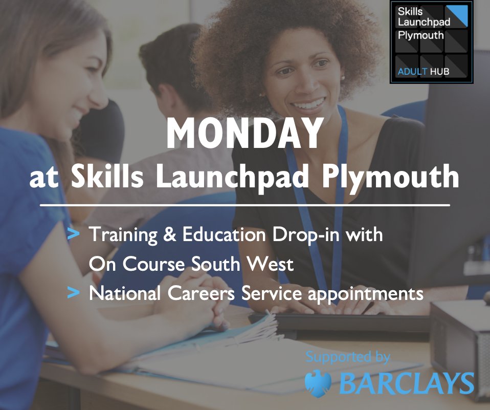 Today #teamLaunchpad will be at #Barclays Plymouth from 10am - 4pm. 
Drop-in for information and advice on #training and #education with #OnCourseSouthWest or attend a #careers appointment with #NationalCareersService. 
#JoiningTheDots
#SkillsLaunchpadPlymouth
#JobCentrePlymouth