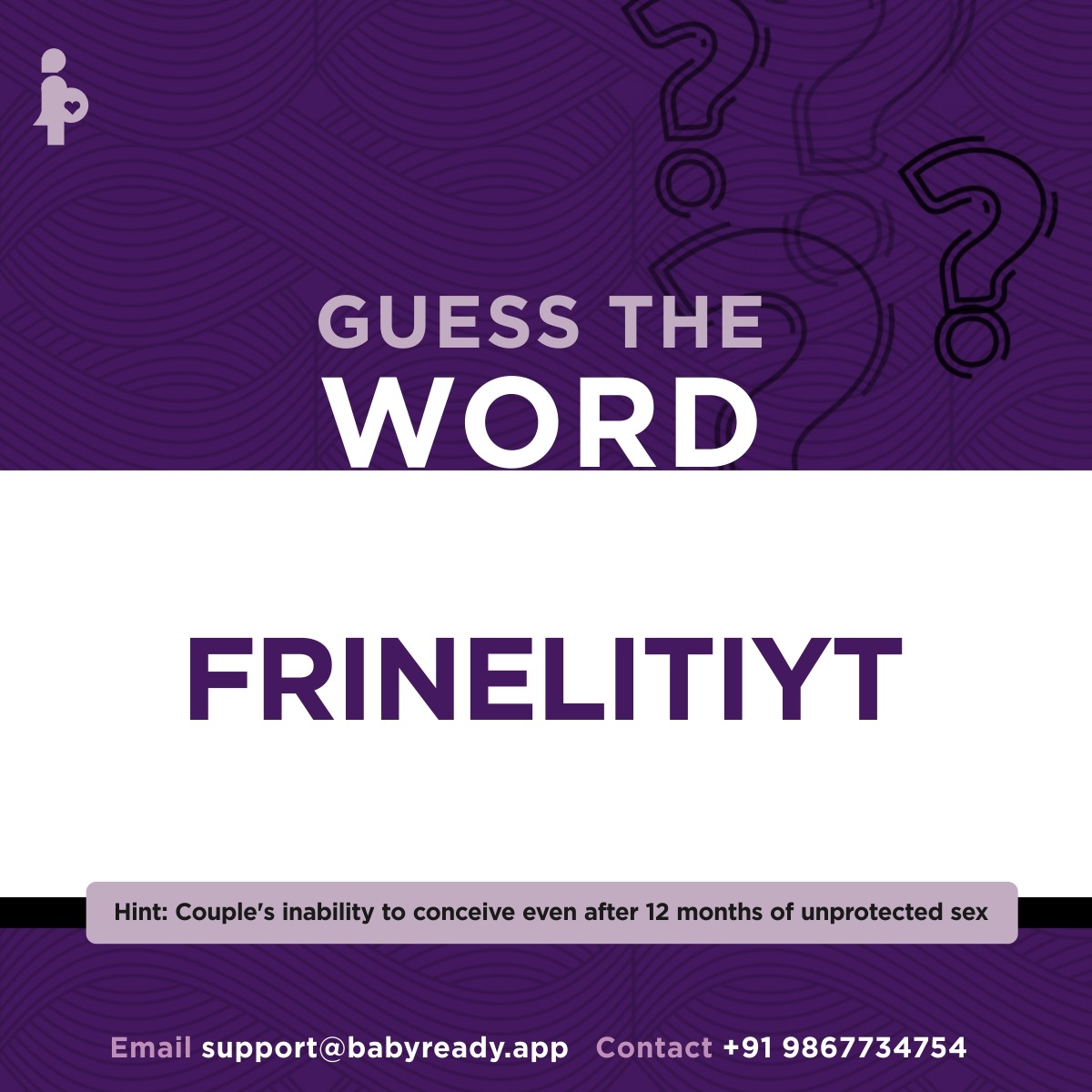 AppBabyready's tweet photo. Guess the word!!Can you ?
Hint :-Couple's inability to conceive even after 12 months of unprotected sex
Drop in your right answers in the comment section below

#fertilityjourney #guesstheword #fertilitysupport #fertilityquiz #babyreadyapp #babyready https://t.co/rOcGTTjVMs